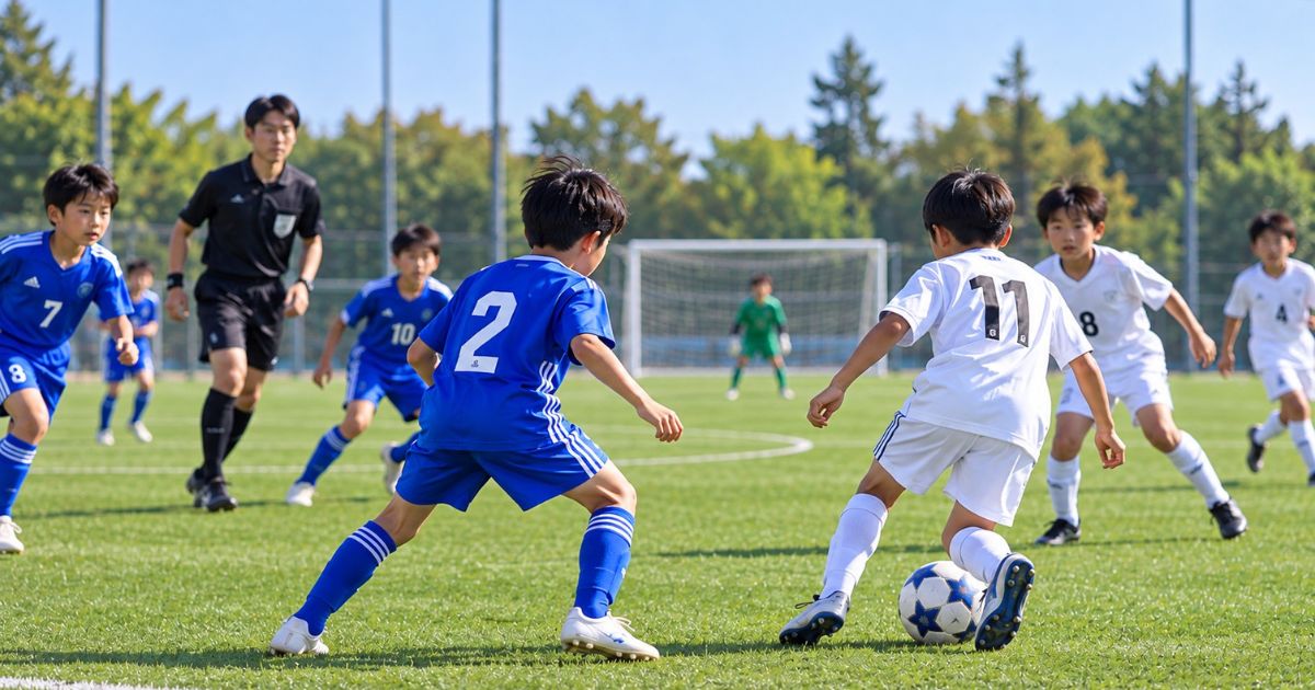 小学生のサッカーの試合で、青いユニフォームのサイドバック(背番号2)が、ドリブルする白いユニフォームの相手選手(背番号11)に守備で対応する様子。周囲には味方選手や審判も見える。