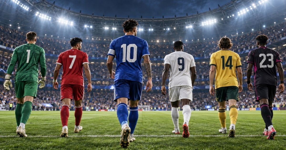 照明が輝くサッカースタジアムで、背番号1・7・9・10・14・23のユニフォームを着た6人のサッカー選手がピッチへ向かう後ろ姿。