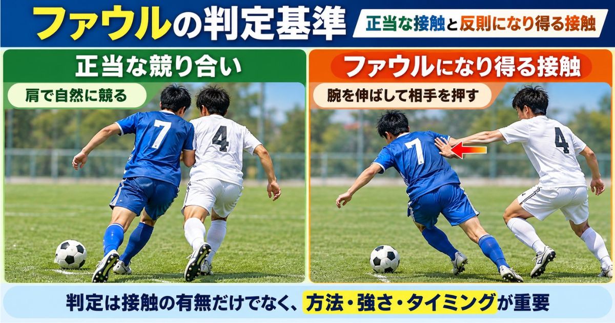 サッカーのファウル判定基準を比較した図解。左は青7番と白4番が肩を自然に接触させて競り合う場面、右は白4番が腕を伸ばして青7番の背中を押す場面。接触の方法・強さ・タイミングによる判定の違いを解説。
