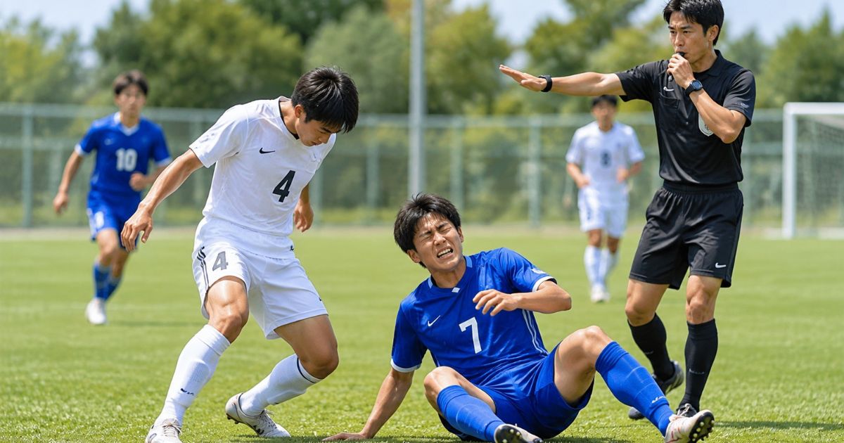 サッカーの試合で、白4番との競り合いの後に青7番が芝生に座り込み、黒い審判服の主審が笛を吹いてプレーを止める場面。ファウルによる試合中断を表したイメージ。