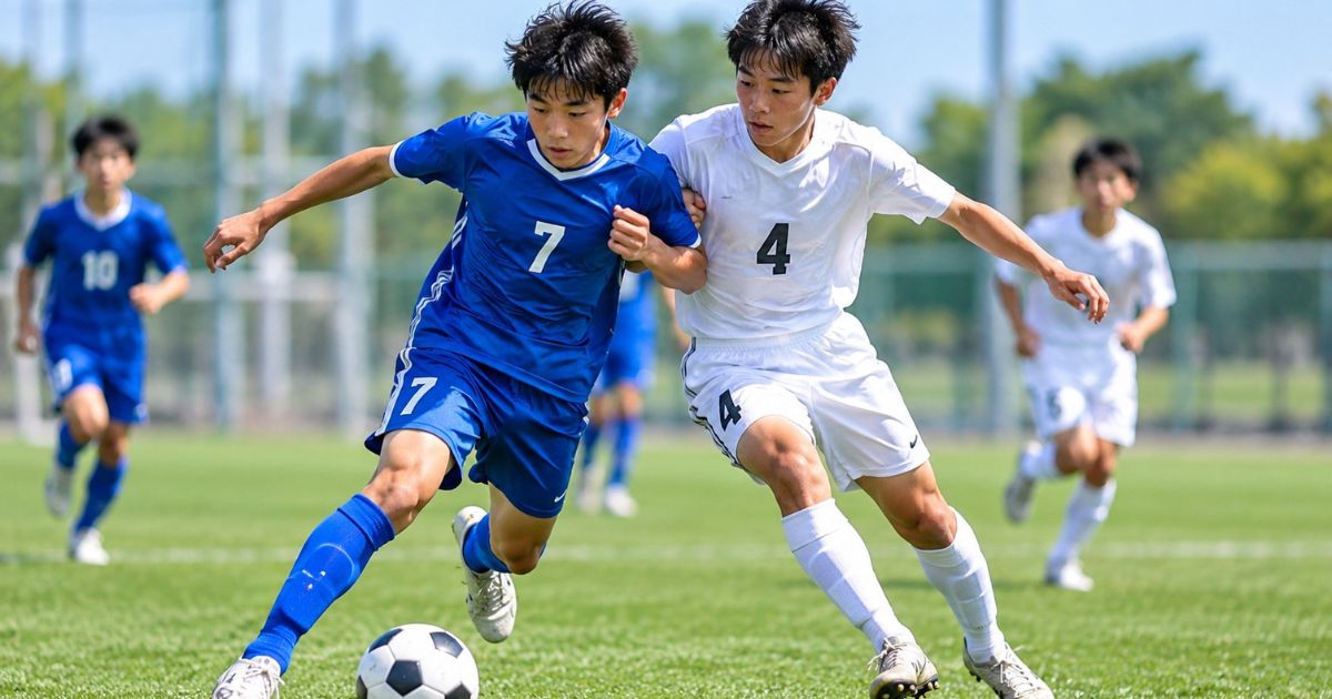 サッカーの試合で、青いユニフォームの7番と白い4番が肩を寄せ合いながらボールを奪い合う場面。身体的接触を伴う競り合いとファウルの判定基準を解説するイメージ。
