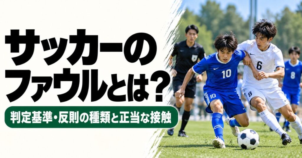 サッカーのファウルとは何かを解説する記事のアイキャッチ画像。青10番と白6番の選手がボールを奪い合い、背後で主審がプレーを見守る場面。ファウルの判定基準・反則の種類・正当な接触を紹介。