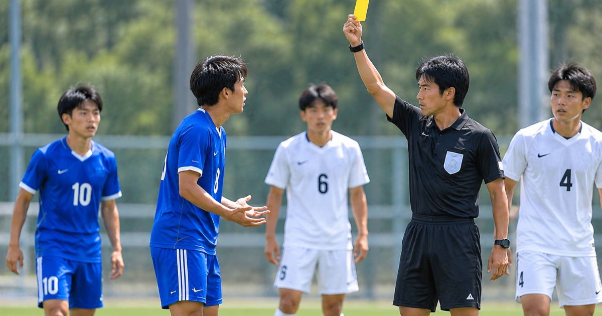サッカーの試合中、黒い審判服の主審が青いユニフォームの8番にイエローカードを提示する場面。周囲では青10番や白4番・6番の選手が判定を見守っている。