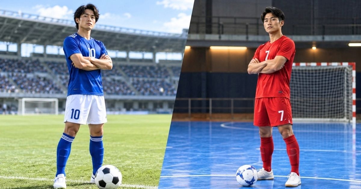 屋外のサッカーピッチに立つ選手と屋内のフットサルコートに立つ選手を並べ、両競技の違いを比較したイメージ