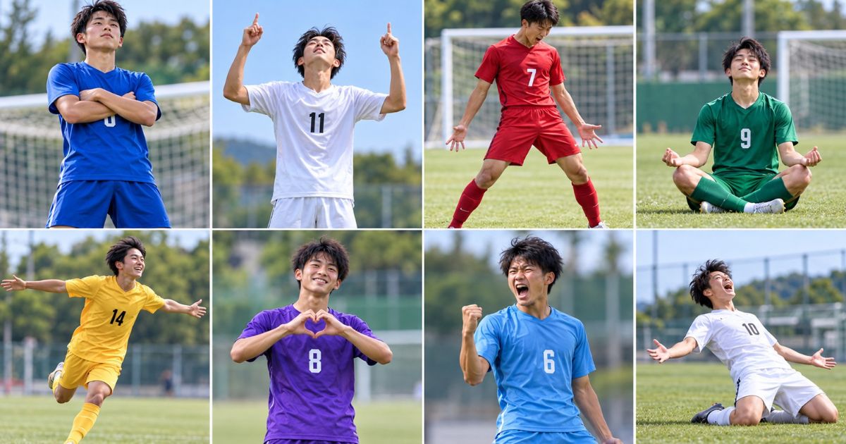 サッカーの1人でできるかっこいいゴールパフォーマンス8選を紹介する8分割画像。腕組み、空への指差し、ロナウド風のシウー、瞑想、飛行機ポーズ、ハートマーク、ガッツポーズ、膝スライディングをそれぞれ異なる選手が表現している。