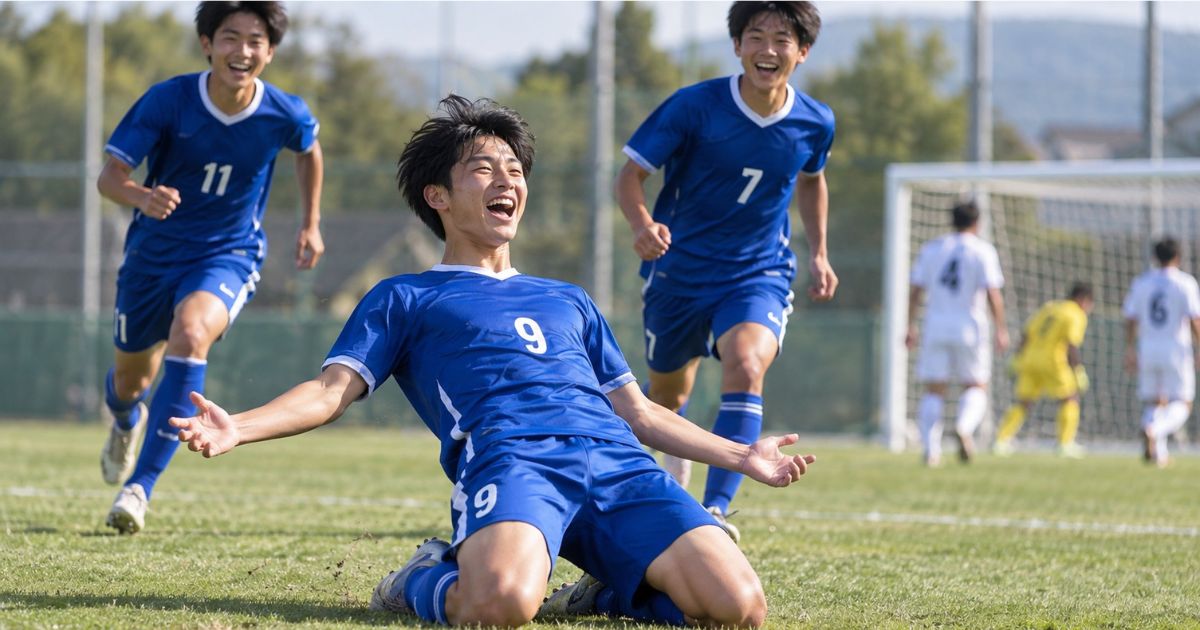 サッカーの試合でゴールを決め、芝生の上で膝スライディングのゴールパフォーマンスをする青いユニフォームの9番の選手。両腕を広げて喜ぶ姿に、11番と7番のチームメイトが笑顔で駆け寄る様子。