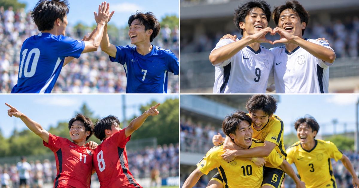 サッカーの2人・チームでできる簡単なゴールパフォーマンス4選を紹介する4分割画像。青いユニフォームの2人がハイタッチ、白いユニフォームの2人がハートマーク、赤いユニフォームの2人が同じポーズをそろえ、黄色いユニフォームの選手たちが抱き合ってゴールを喜ぶ様子。