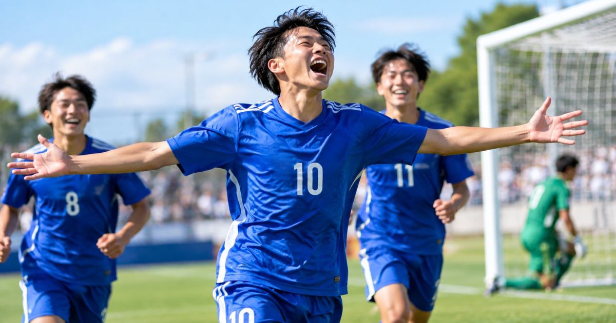 サッカーの試合でゴールを決め、両腕を広げて喜ぶ青いユニフォームの10番の選手と、笑顔で駆け寄る11番・8番のチームメイト。ゴールパフォーマンスで得点の喜びを分かち合う様子。