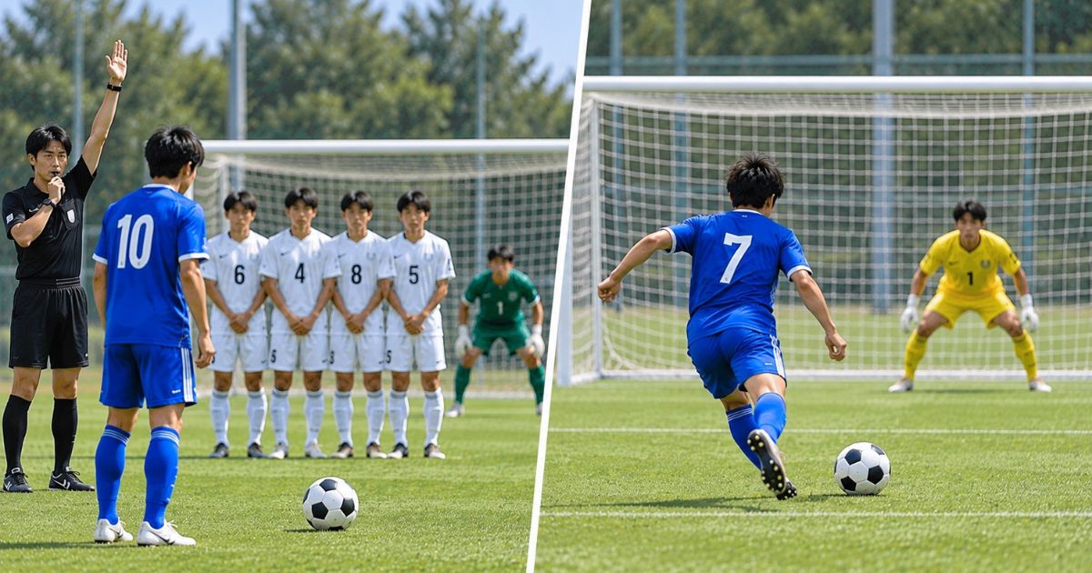 サッカーの間接フリーキックとPKの場面を比較した画像。左は主審が片腕を上げ、青10番が白チームの壁に向かって間接フリーキックを蹴る準備をする場面。右は青7番がゴールキーパーと対峙してPKを蹴ろうとする場面。