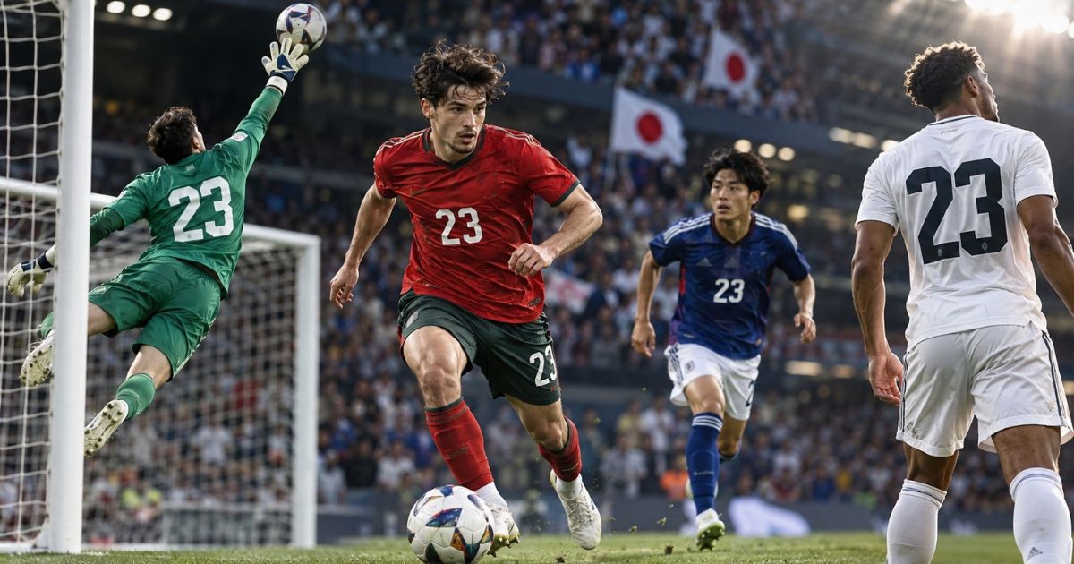 サッカーの背番号23を着用した選手たちの試合シーン。ゴールを守るGK、ドリブルする選手、日本代表をイメージした青いユニフォームの選手を描いた写真風画像。
