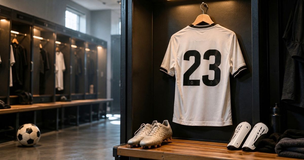 サッカーのロッカールームに掛けられた背番号23の白いユニフォーム。ベンチにはスパイクやすね当てが置かれ、背番号23の意味を解説するイメージ画像。