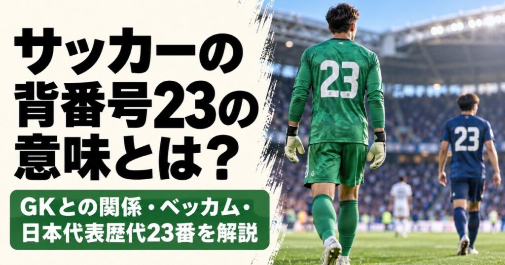 サッカーの背番号23の意味を解説するアイキャッチ画像。スタジアムのピッチを歩く緑色の23番のゴールキーパーと、紺色の23番のフィールドプレーヤーの後ろ姿を背景に、GKとの関係やベッカム、日本代表歴代23番を紹介している。