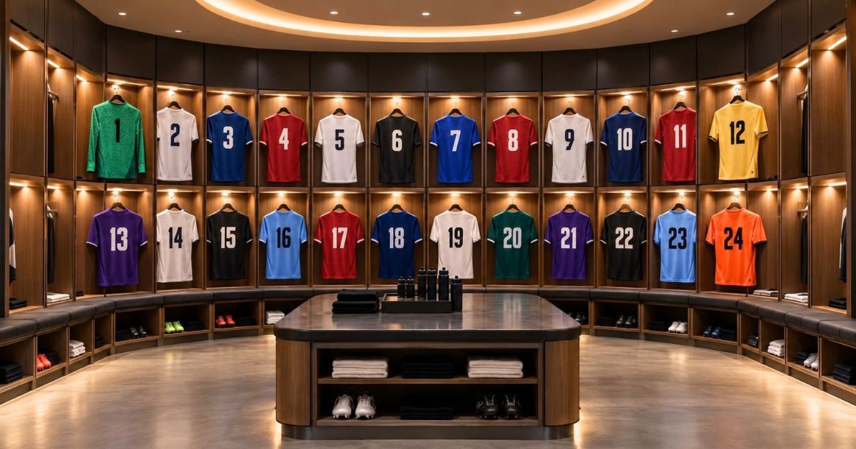 サッカーチームのロッカールームに、背番号1番から24番までの色とりどりのユニフォームが順番に掛けられている様子。1番は緑色のGK用ユニフォーム。