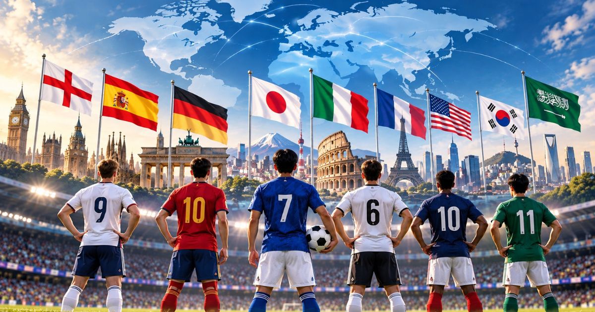 Jリーグと海外サッカーリーグの強さを比較するイメージ画像。世界地図と各国の国旗を背景に、背番号を付けた6人のサッカー選手がスタジアムに並び、中央の青いユニフォームの選手がボールを持っている。