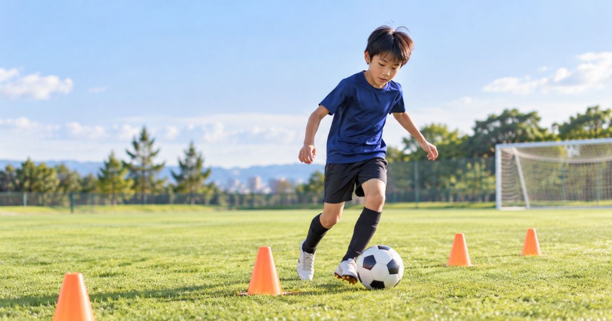 芝生のサッカーコートで、オレンジ色のコーンを使ってドリブルの自主練習に取り組む小学生のサッカー少年。