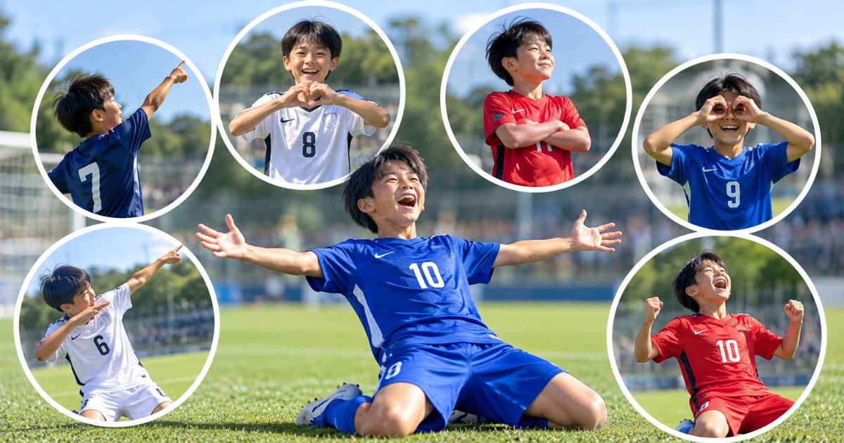 小学生でも真似しやすいサッカーのゴールパフォーマンスを紹介する画像。中央では青い10番の少年が膝スライディングで喜び、周囲には指差し、ハートマーク、腕組み、飛行機ポーズ、ガッツポーズなどを円形に配置している。