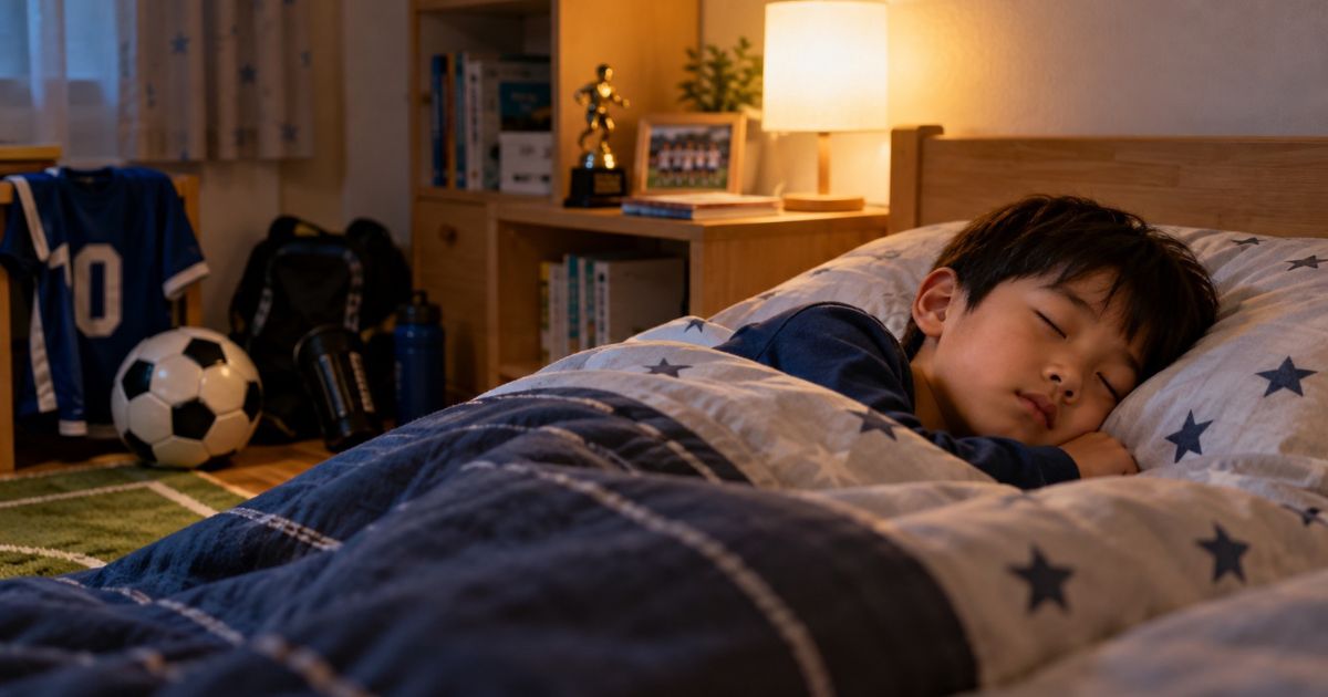 サッカーボールやユニフォームが置かれた自宅の子ども部屋で、ベッドに横になり、星柄の布団をかけて眠る小学生のサッカー少年。練習後の休養と睡眠の大切さを表現した写真。