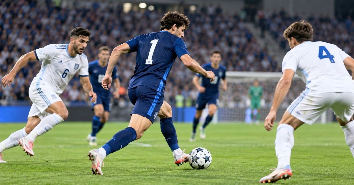 背番号1を付けたフィールドプレーヤーが、試合中にドリブルで相手選手をかわすサッカーのプレーシーン
