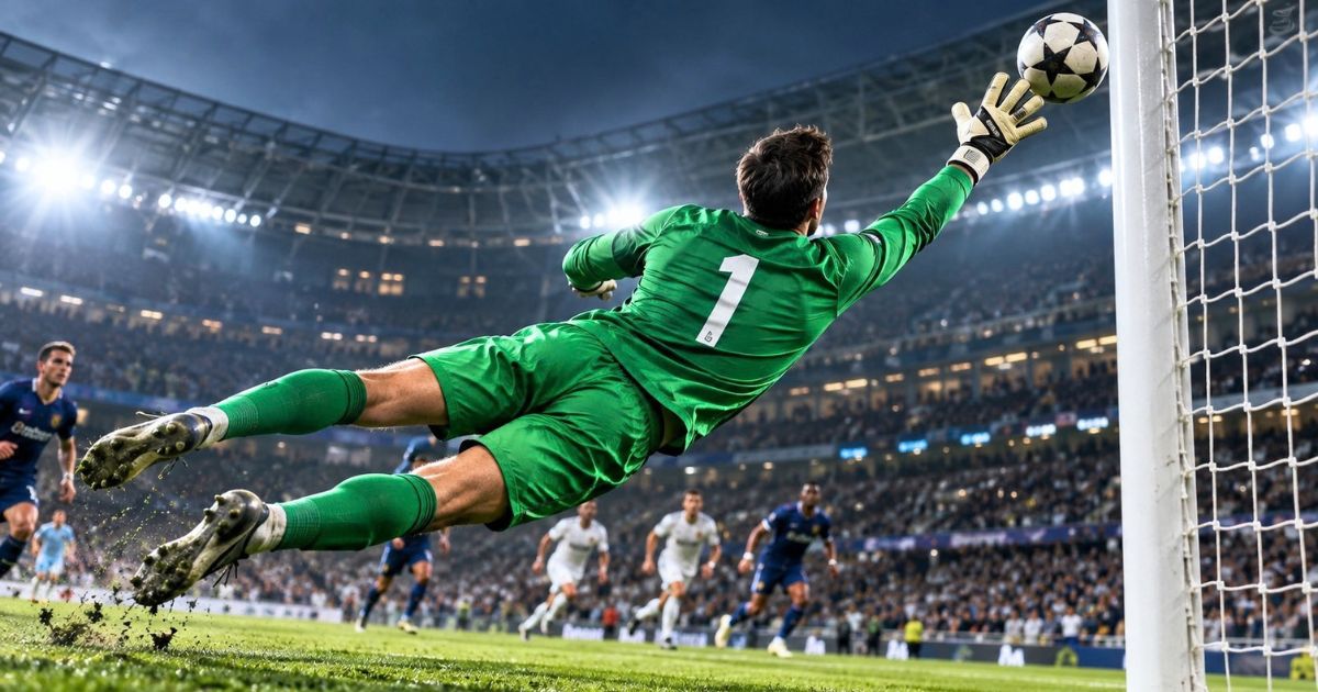 背番号1のゴールキーパーがゴール前で横っ飛びし、シュートをセーブするサッカーのプレーシーン