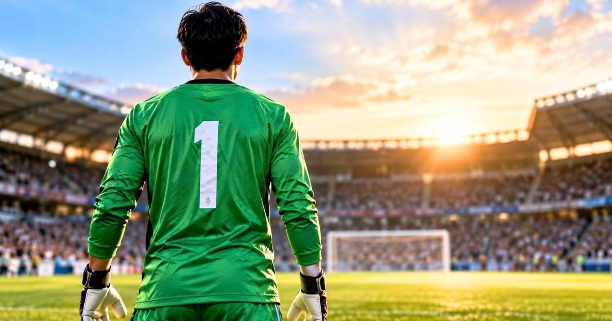 背番号1のユニフォームを着たゴールキーパーが、スタジアムのゴール前に立つサッカーのイメージ