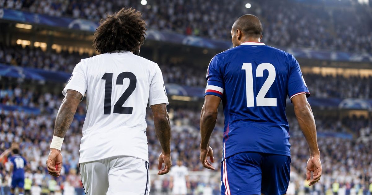 満員のサッカースタジアムで、背番号12の白いユニフォームと青いユニフォームを着た2人の選手がピッチに向かって歩く後ろ姿。