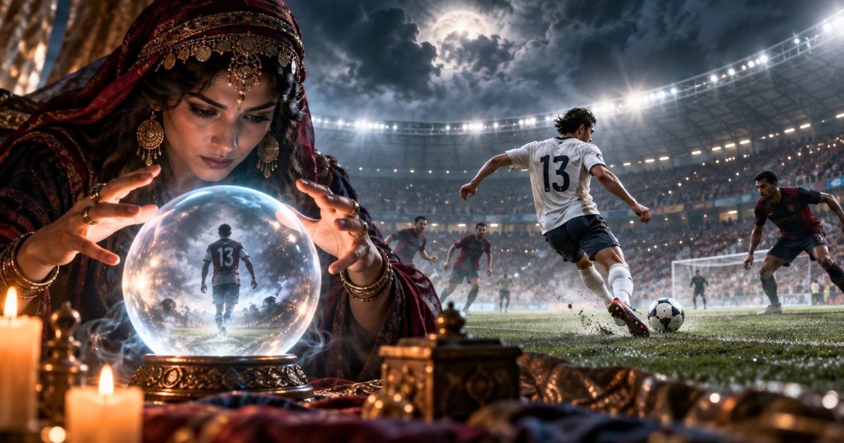 水晶で占いをする人物の前に、背番号13の選手がプレーするサッカーの試合シーンを重ねたイメージ