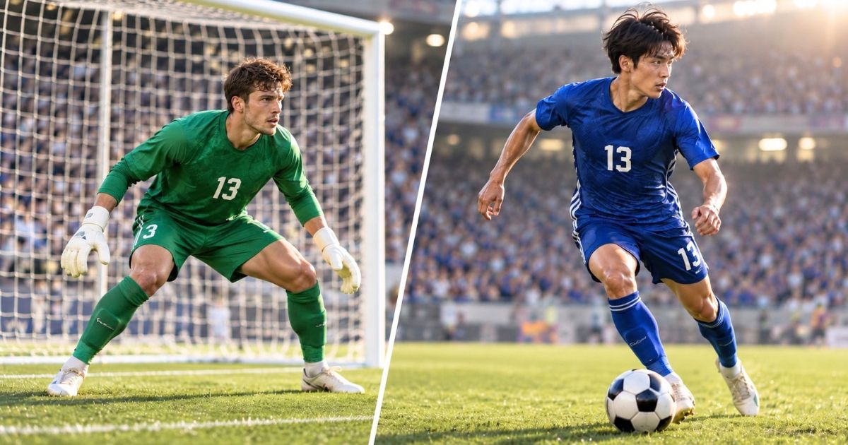 背番号13の海外GKと背番号13のフィールドプレーヤーを左右に比較したサッカーの試合シーン