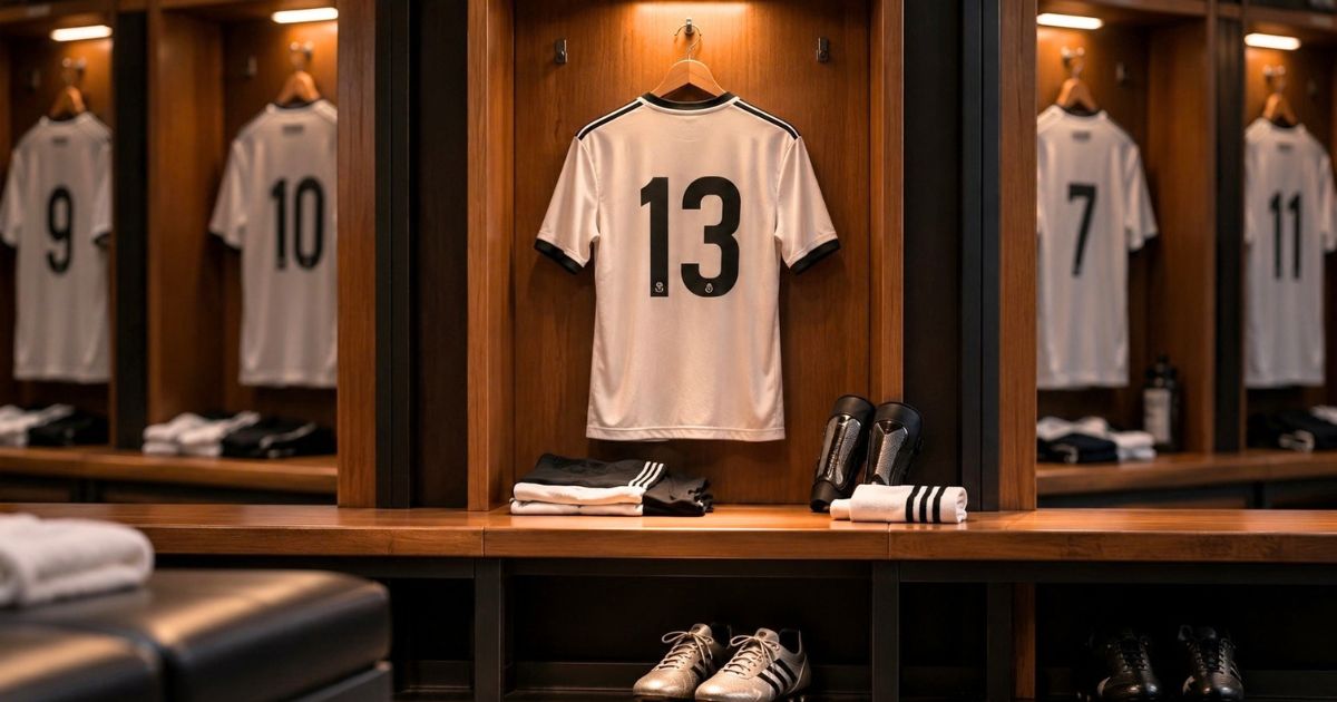 サッカーのロッカールームに掛けられた背番号13のユニフォームとスパイクや用具