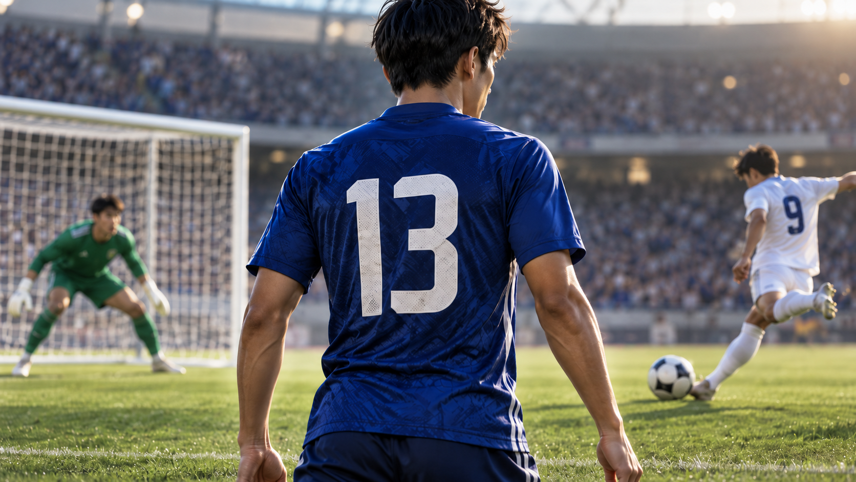 背番号13の青いユニフォームの選手とゴール前のGKを描いたサッカーの試合シーン