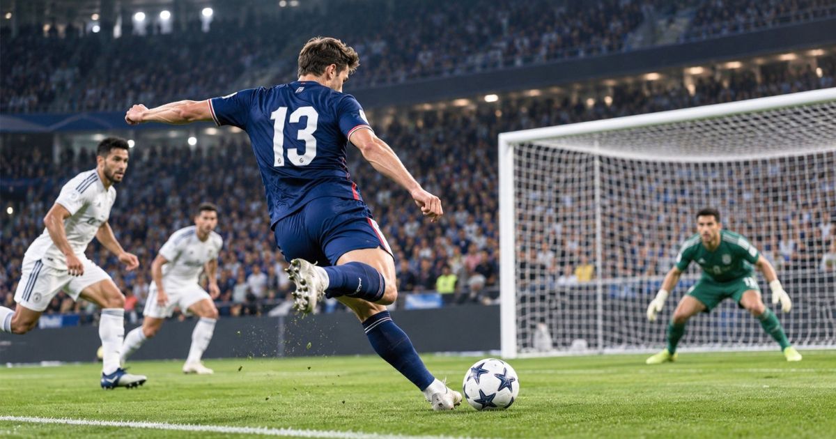 背番号13の海外FWがゴール前でシュートを放つサッカーの試合シーン
