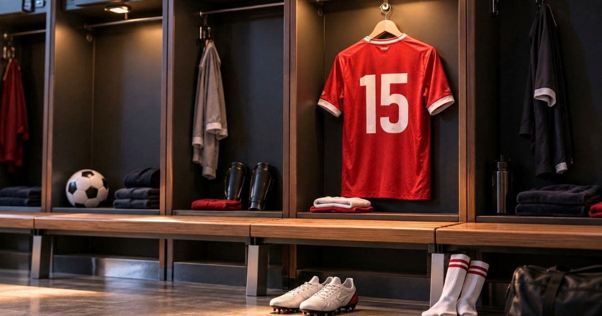 ロッカールームに掛けられた背番号15のサッカーユニフォームとスパイク・ボール