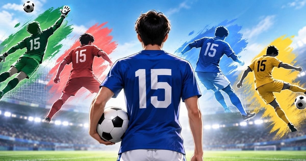 背番号15のサッカー選手を中心に、GK・DF・MF・FWで15番を着用できることを表現したイメージ