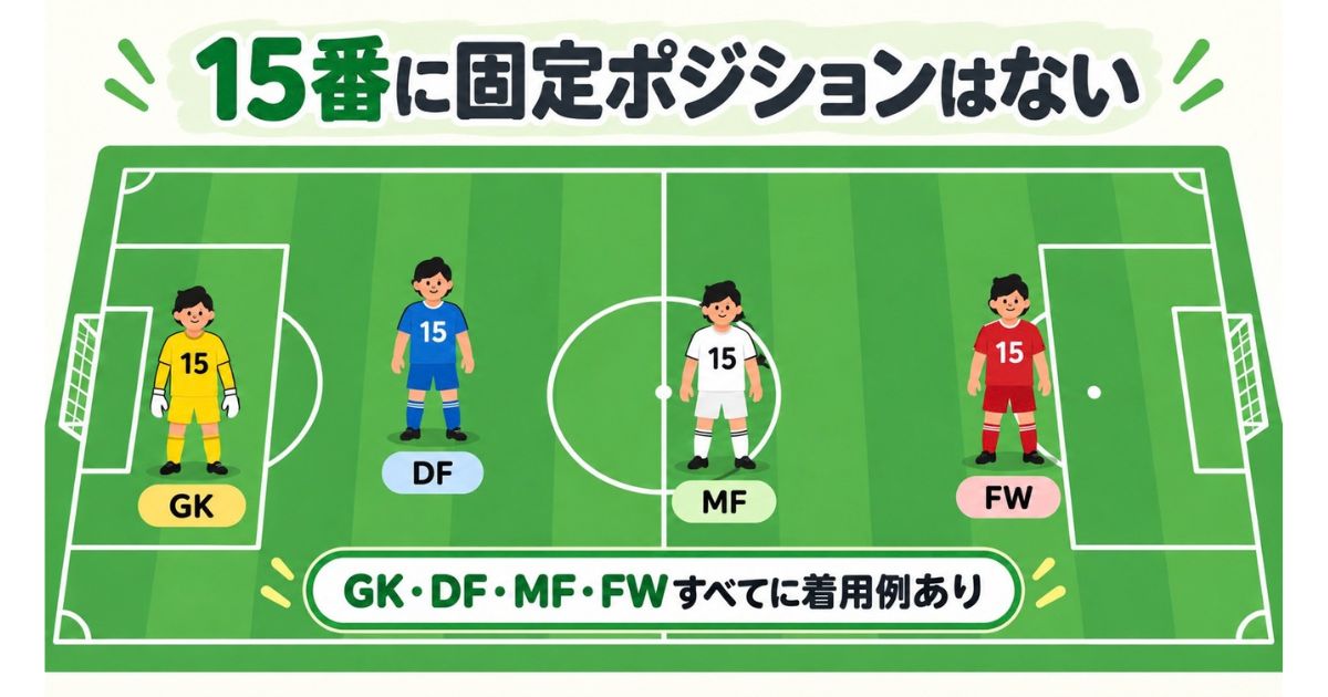 背番号15の選手をGK・DF・MF・FWに配置し、15番に固定ポジションがないことを示すサッカー図解