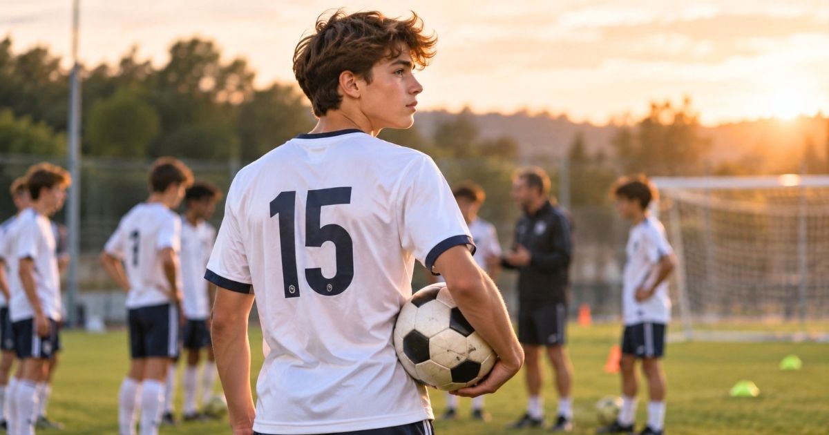 背番号15のユニフォームを着た若いサッカー選手が、夕暮れの練習場でボールを持つ様子