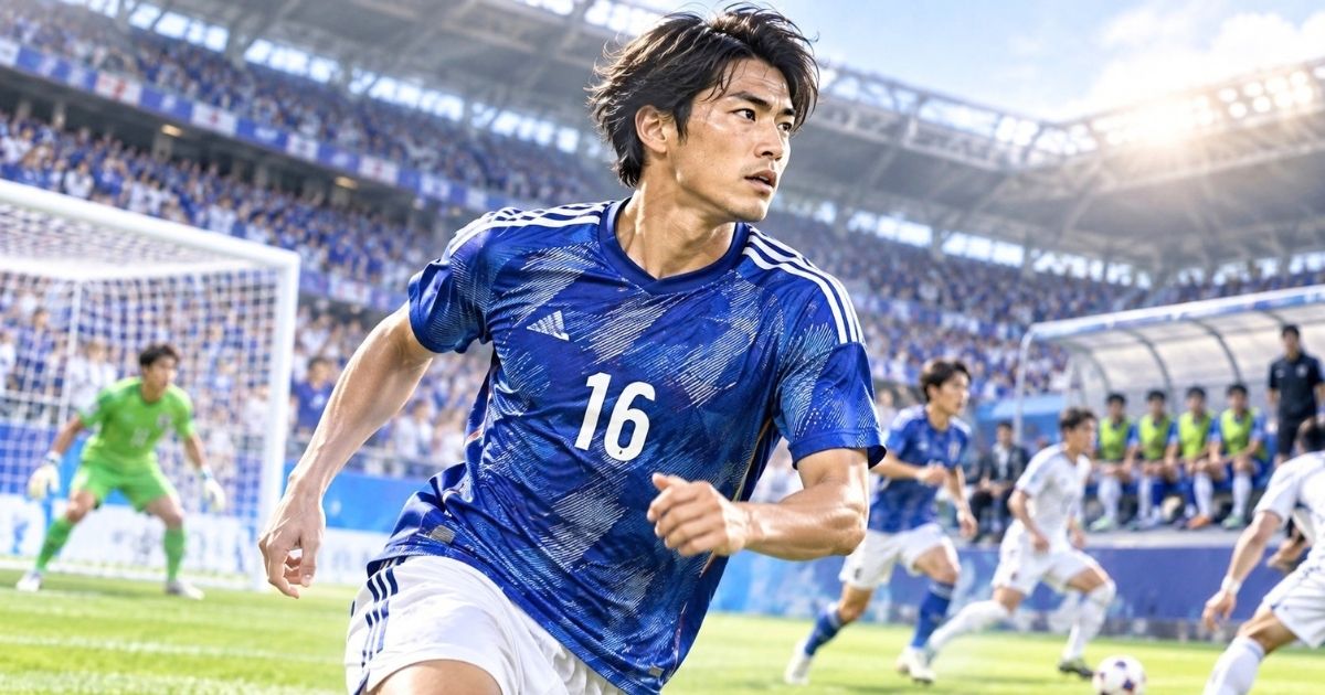背番号16の青いユニフォームを着た日本人サッカー選手が、試合中に前線へ走り出すシーン