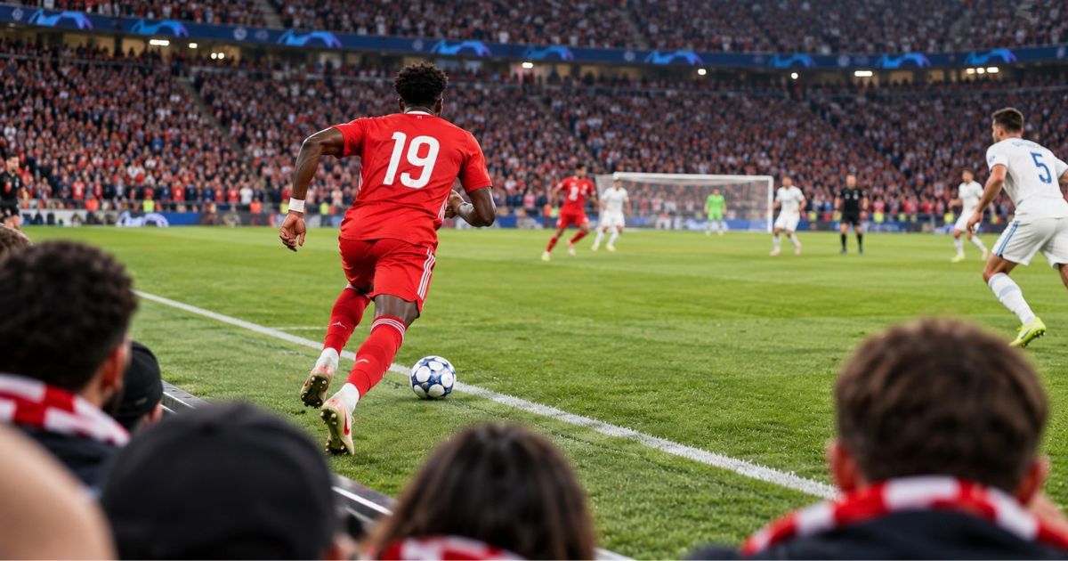 満員のサッカースタジアムで、背番号19の赤いユニフォームを着た選手が左サイドをドリブルで駆け上がる後ろ姿。