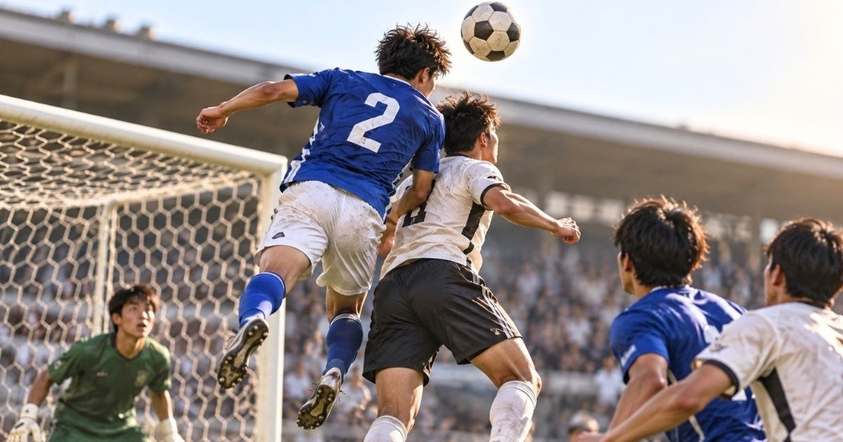 自陣ゴール前で背番号2の選手が相手選手と空中戦で競り合う守備シーン