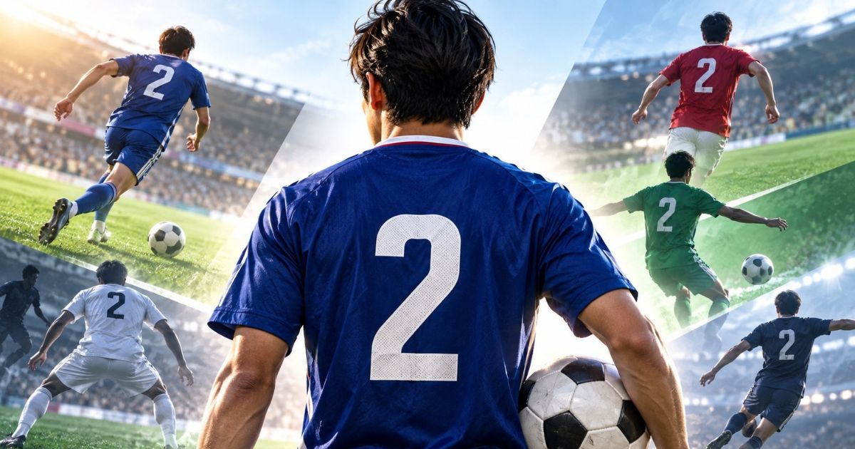 背番号2のサッカー選手を中心に、右サイドバックなど複数のプレーシーンを表現したイメージ