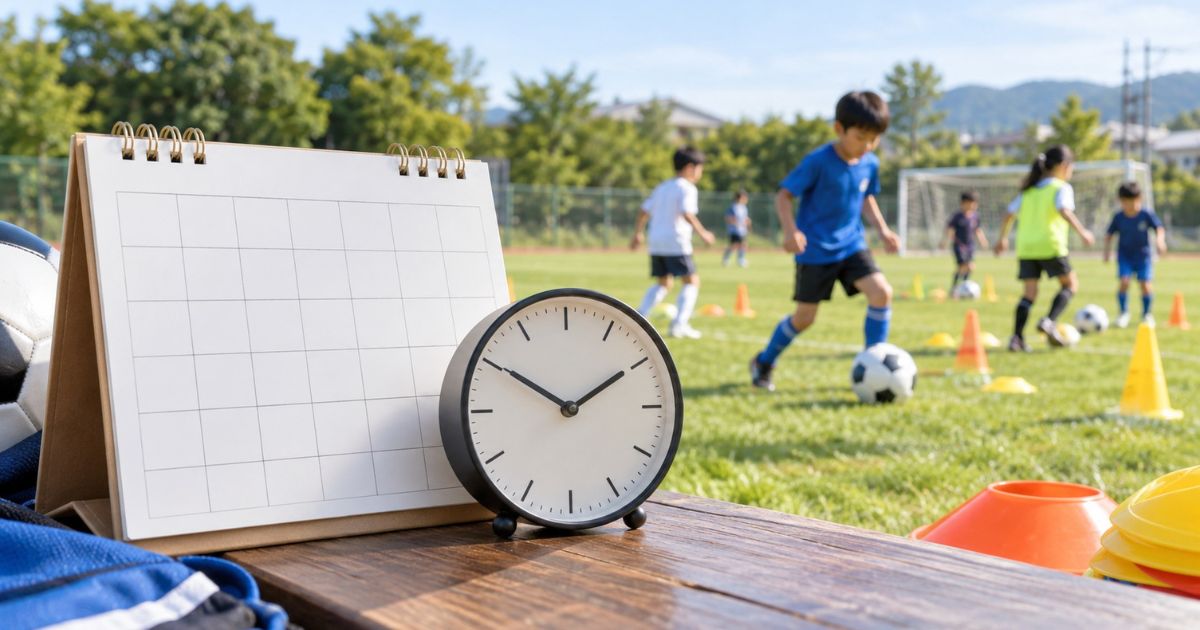 サッカーグラウンドで、カレンダーと時計を手前に置き、奥で小学生がコーンを使った練習をしている、練習回数や時間の目安をイメージした写真。