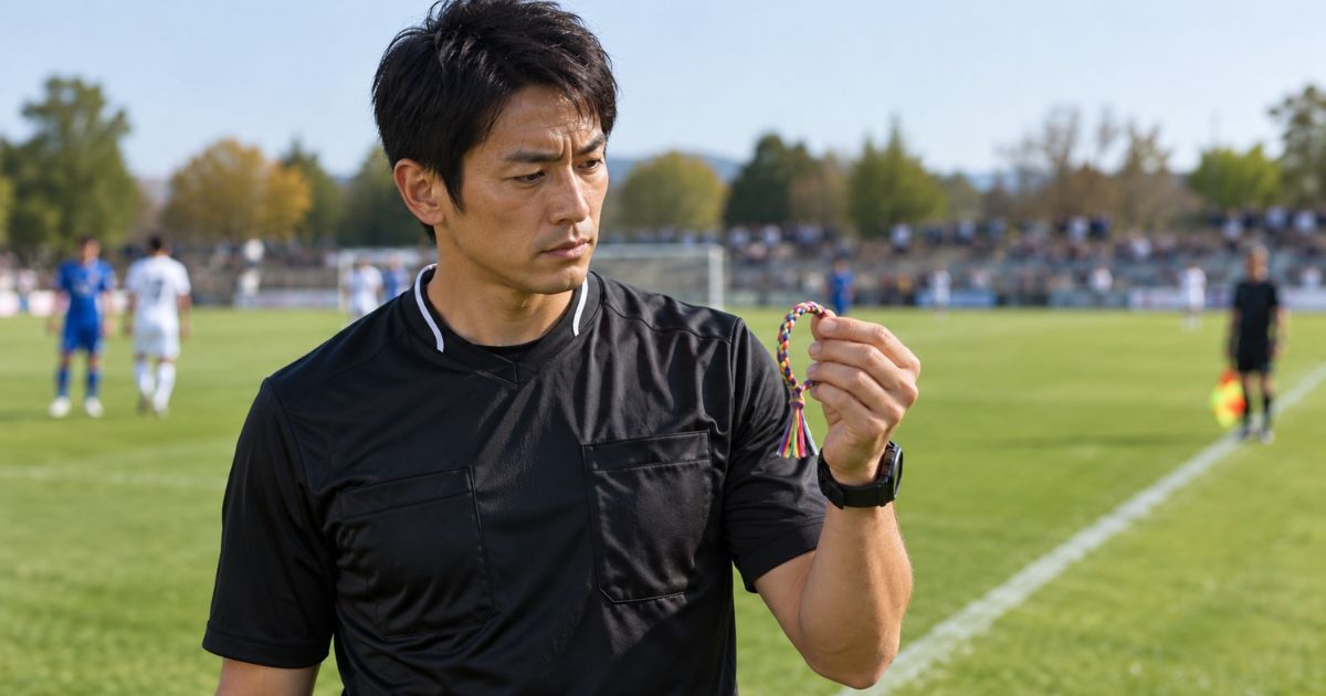 サッカーコートでカラフルな編み込みミサンガを手に取り、着用の可否を確認する日本人審判。試合中のミサンガ着用ルールをイメージした写真。