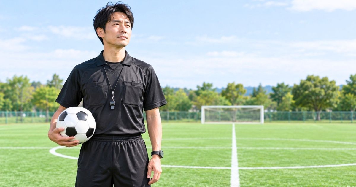サッカーグラウンドでボールを持つ審判の様子