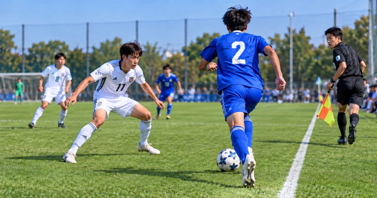 サッカーの試合で、青いユニフォームの右サイドバック(背番号2)がタッチライン際をドリブルで前進し、白いユニフォームの相手選手(背番号11)が守備で対応する様子。右側では副審がプレーを確認している。