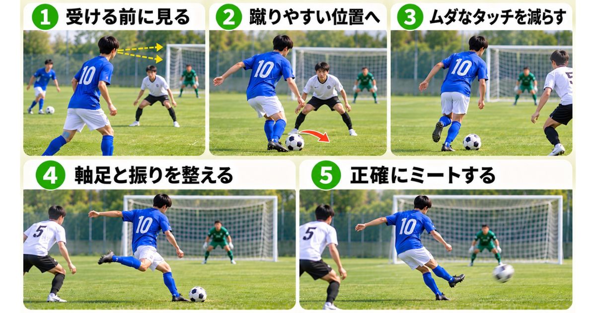 サッカーのシュートモーションを速くする5つのコツを、受ける前の確認・ファーストタッチ・足運び・軸足とテイクバック・正確なインパクトの順に示した図解