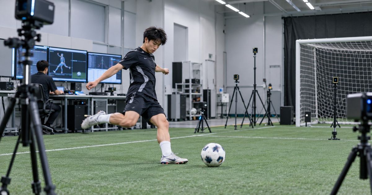 スポーツ科学研究施設で、サッカー選手がシュート動作を行う様子。室内の人工芝グラウンドに設置されたカメラやセンサーを使い、シュートモーションとボール速度を測定・分析している。