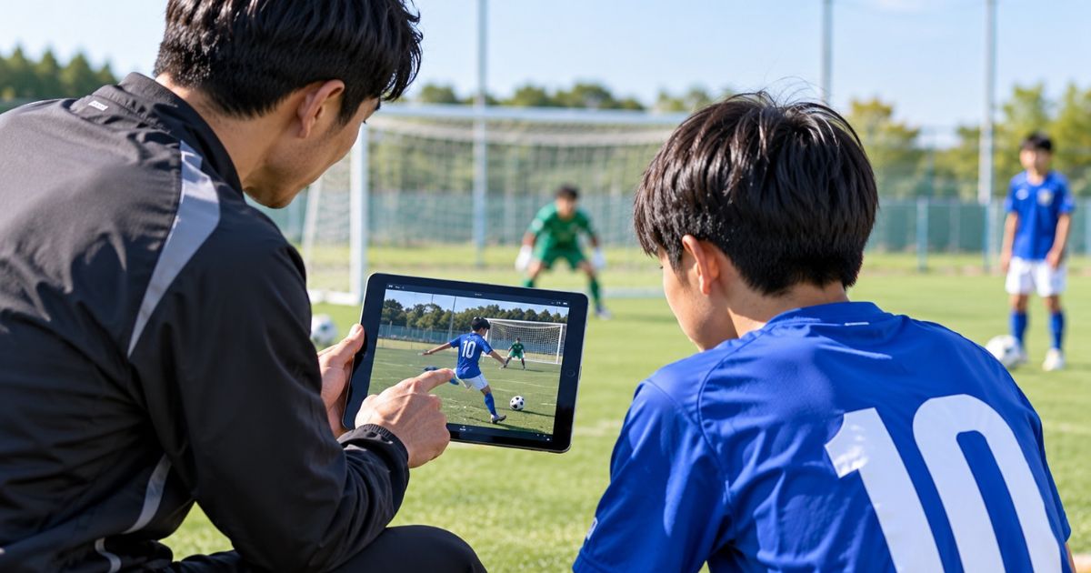 屋外のサッカーグラウンドで、コーチと青い10番のユニフォームを着た少年が、タブレットに映るシュートシーンを確認している。シュートモーションの改善に向けて、蹴り足の動作やフォームを振り返る様子。