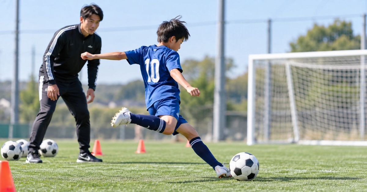 サッカー場で青いユニフォームの10番を着た少年が、コーチの指導を受けながらシュート練習をする実写風画像。インステップキックのフォームや軸足の使い方を確認している。