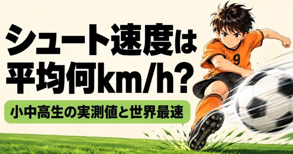サッカーのシュート速度は平均何km/hかを解説する記事のアイキャッチ画像。オレンジ色の9番のユニフォームを着た少年が力強くシュートするイラスト。小中高校生の実測値と世界最速記録を紹介。