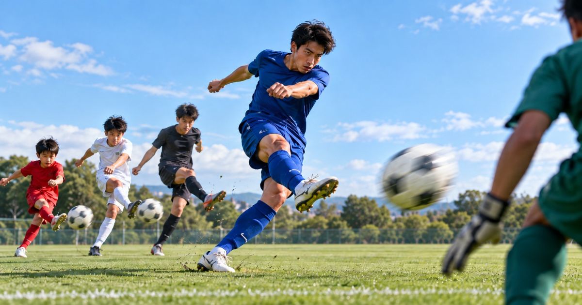 サッカー場で青いユニフォームの選手が強烈なシュートを放ち、ゴールキーパーが構える実写風画像。後方では小中高校生をイメージした選手たちもシュートしており、年代別のシュート速度を表現している。