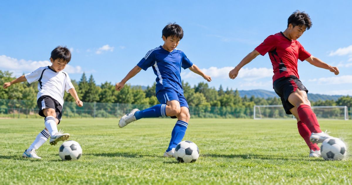 サッカー場で小学生・中学生・高校生の選手がそれぞれシュート練習をする実写風画像。成長による体格や筋力、キックフォームの違いを表現している。