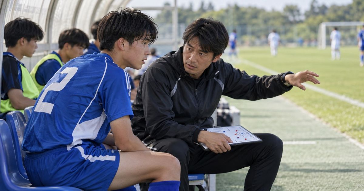 サッカーの試合直前、ベンチで青いユニフォームのサイドバック(背番号2)が、戦術ボードを持つコーチから守備の位置取りや攻撃参加について説明を受ける様子。